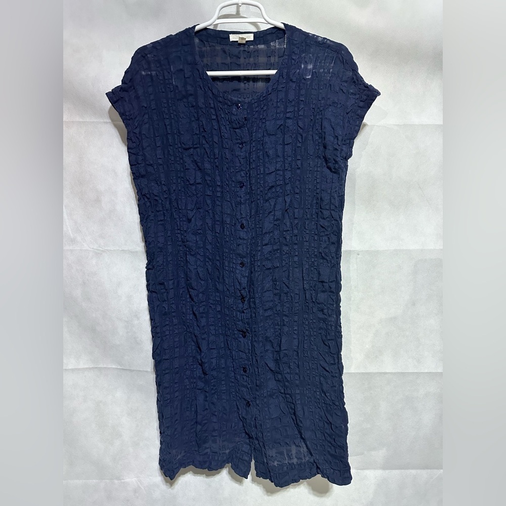 Eileen Fisher Organic Linen Cotton Gauze Long Navy Blue Tunic Duster Dress Sz XS
